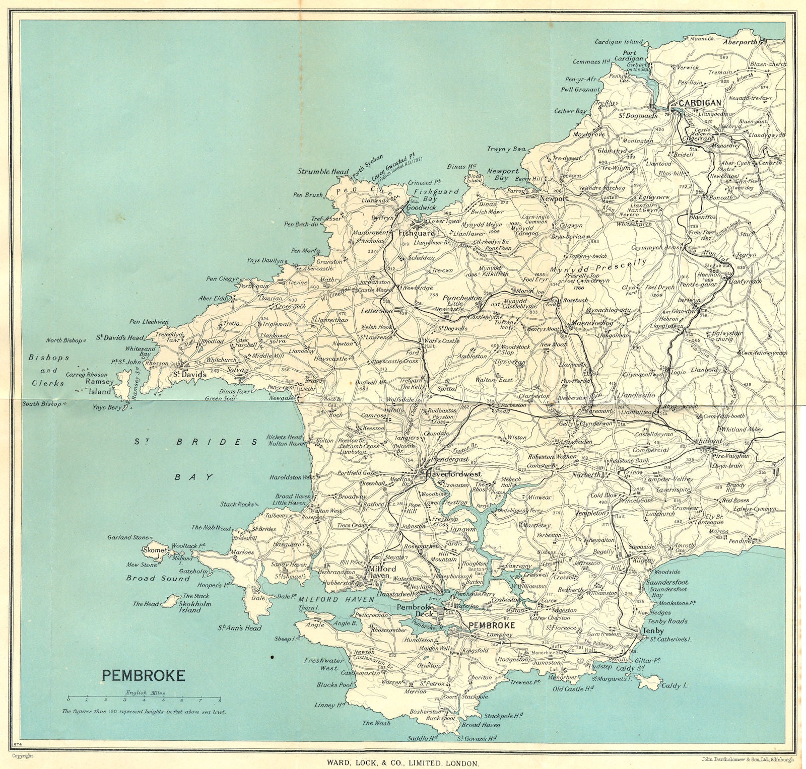 PEMBROKESHIRE. Cardigan Pembroke Tenby St David's. Wales. WARD LOCK 1950 map
